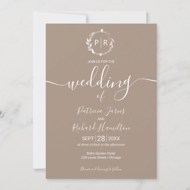 Grullo Monogram Calligraphy Photo Wedding  Invitation (Front)