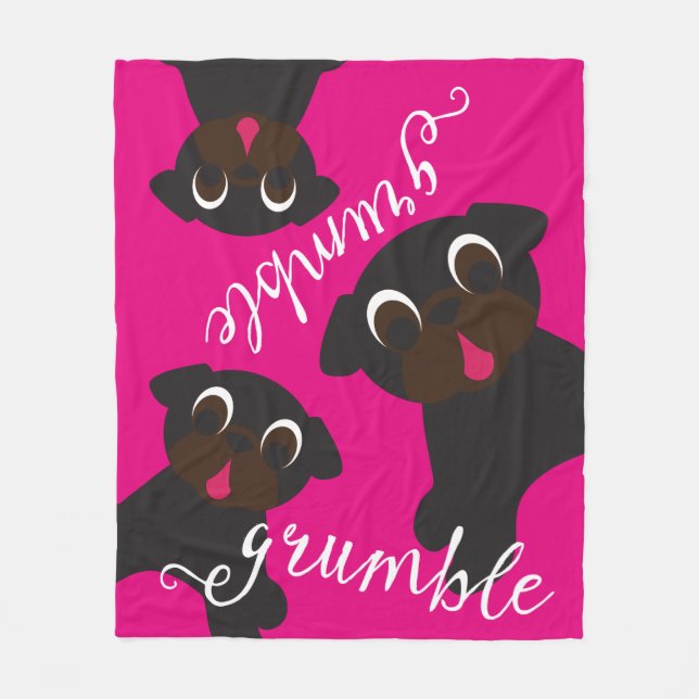 Grumble, Grumble Black Pug Fleece Blanket Hot Pink (Front)