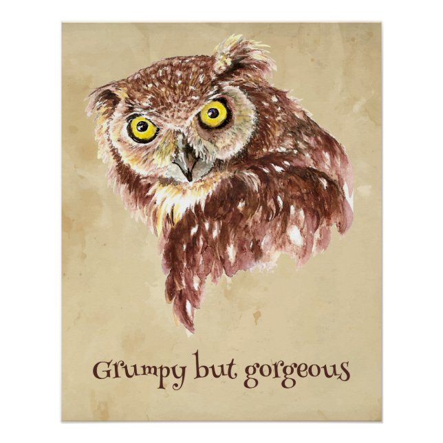 Grump Minimalist Watercolor Print Art Owl Lovers." (Front)