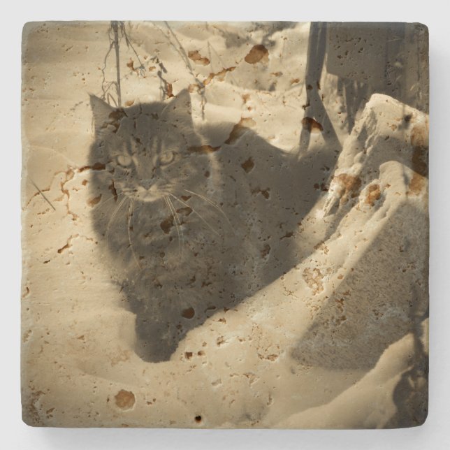 Grumpy Angel Cat in Snow Stone Coaster (Front)