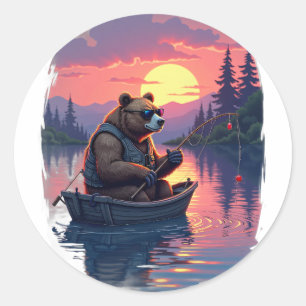 Grumpy Bear Fishing Camping Sunset Vaporwave Retro Classic Round Sticker