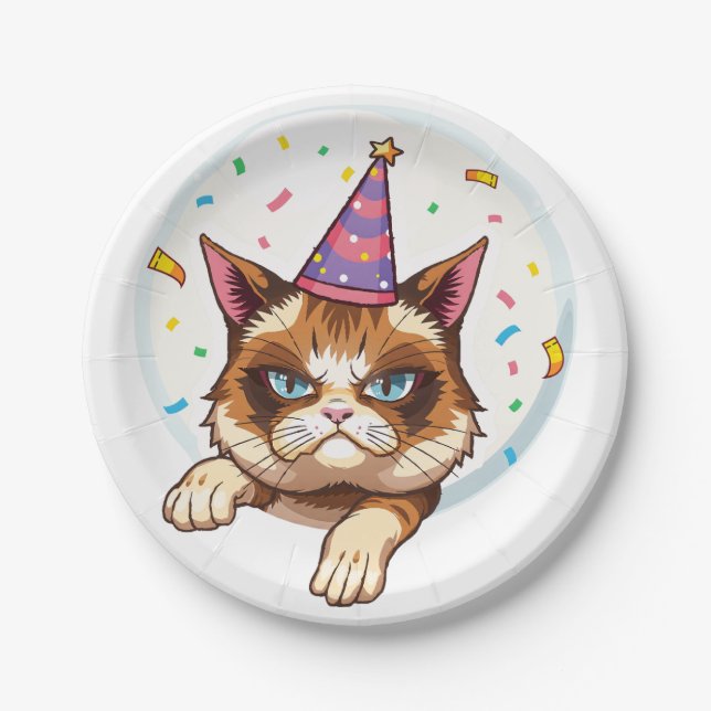 Grumpy Birthday Cat – Party Hat & Confetti Paper Plate (Front)
