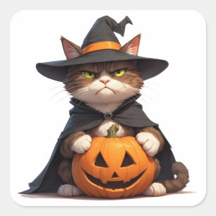 Grumpy Black Cat Holding Pumpkin For Halloween 👻 Square Sticker