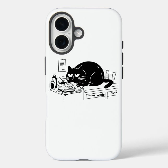 Grumpy Black Cat Sitting On Clean Laundry Clothes Case-Mate iPhone Case (Back)