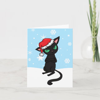 Grumpy Black Cat wearing Santa Hat Holiday Card