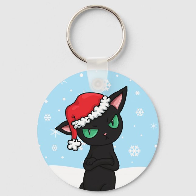 Grumpy Black Cat wearing Santa Hat Key Ring (Front)