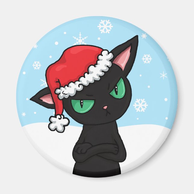 Grumpy Black Cat wearing Santa Hat Magnet (Front)