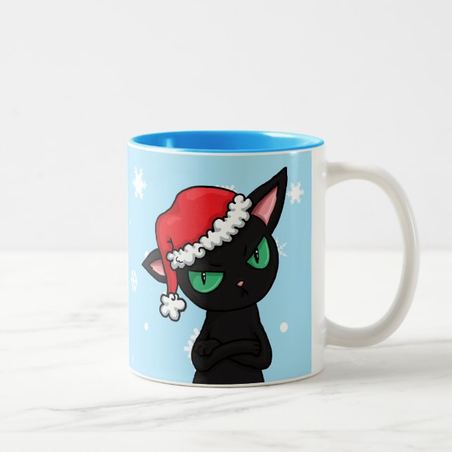 Grumpy Black Cat wearing Santa Hat Two-Tone Coffee Mug (Right)