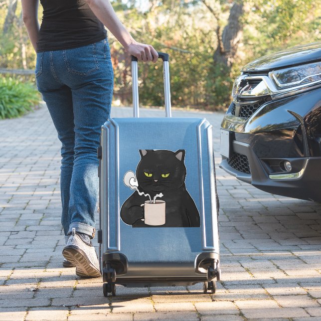 Grumpy Black Cat with Coffee Morning Grouch (Suitcase Insitu)