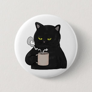 Grumpy Black Cat with Coffee Morning Grouch 6 Cm Round Badge