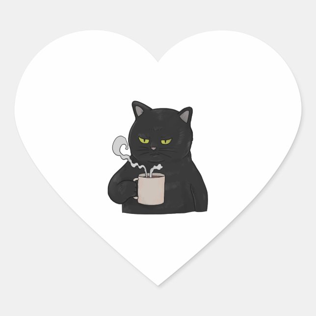 Grumpy Black Cat with Coffee Morning Grouch Heart Sticker (Front)