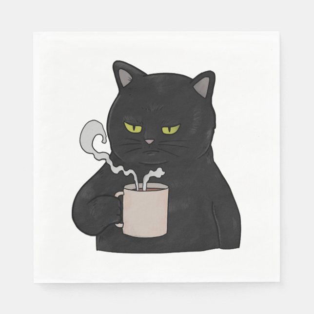 Grumpy Black Cat with Coffee Morning Grouch Napkin (Front)