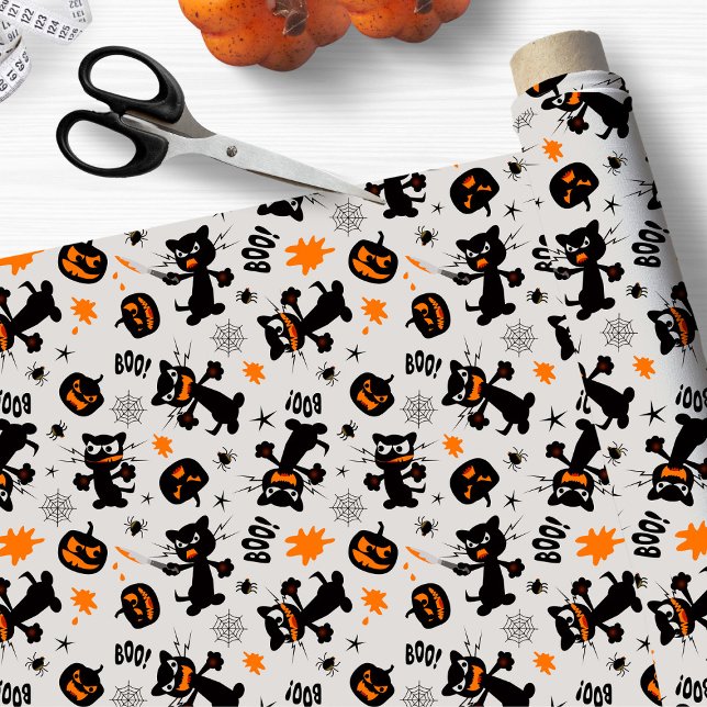 Grumpy Black Halloween Cats, Spiders and Pumpkins Fabric (Cute Halloween fabric with black cats, spiders and pumpkins.)