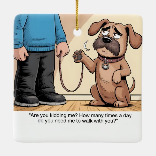 Grumpy Brown Dog Funny Walking Cartoon Ceramic Ornament (Back)