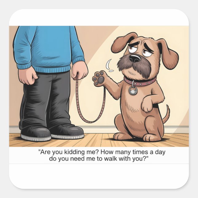 Grumpy Brown Dog Funny Walking Cartoon Square Sticker (Front)