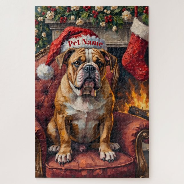 Grumpy Bulldog Christmas Hat on Velvet Chair Jigsaw Puzzle (Vertical)