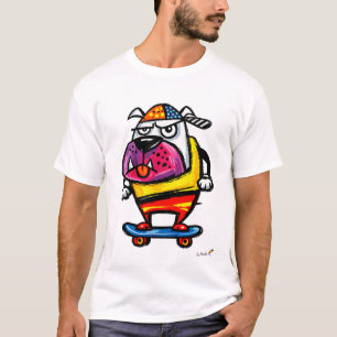 Grumpy Bulldog on Skateboard Cartoon T-Shirt