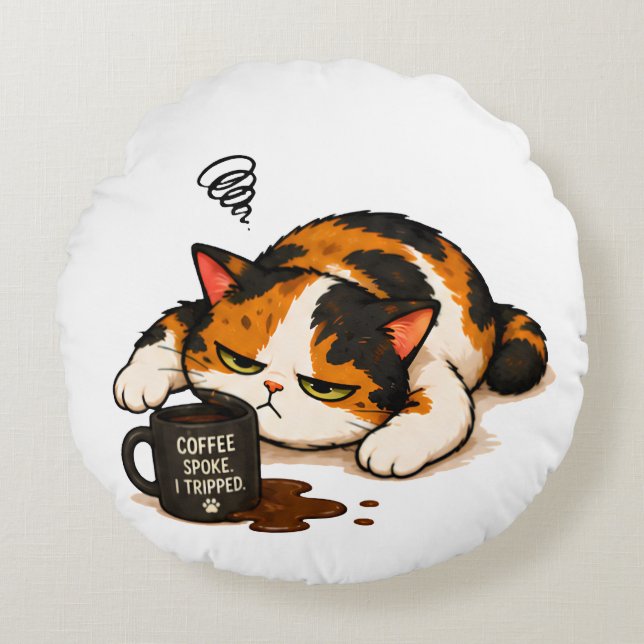 Grumpy Calico Cat - Coffee spoke Round Cushion (Front)