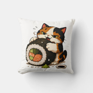 Grumpy Calico Cat Sushi Lover Cushion
