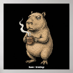 Grumpy Capybara Coffee Vintage Ink Sketch  Poster