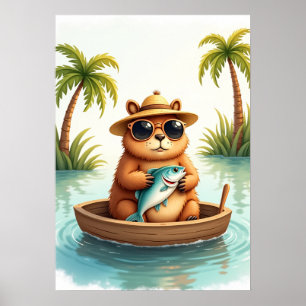 Grumpy Capybara Fishing in His Boat - Funny Animal Poster