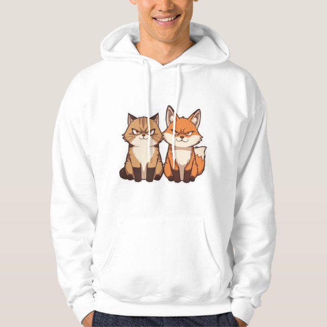 Grumpy Cartoon Cat and Fox Duo Kawaii Hoodie (Front)