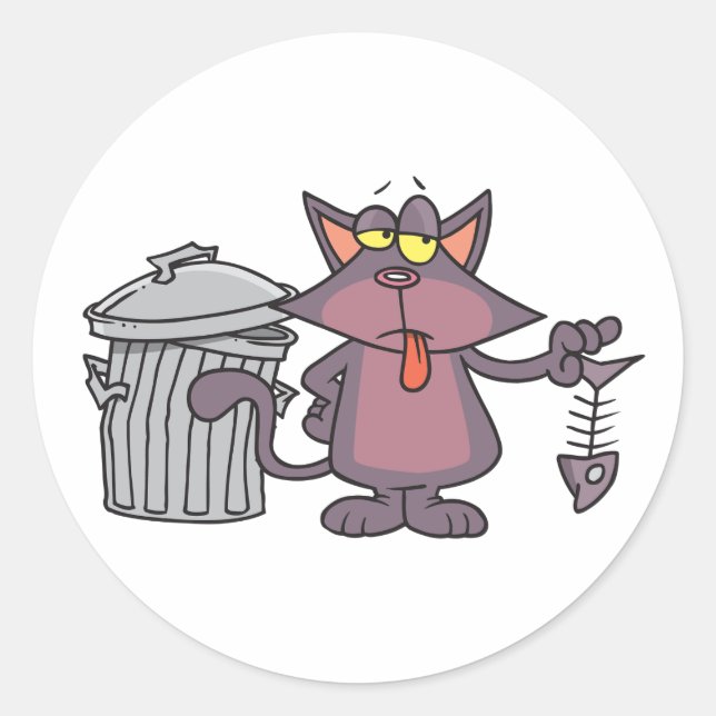 Grumpy Cartoon Cat Eating Fish Skeleton Classic Round Sticker (Front)