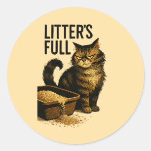 Grumpy Cat and Overflowing Litter Box – Humorous Classic Round Sticker