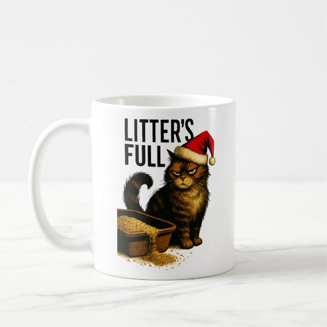 Grumpy Cat and Overflowing Litter Box – Humorous Coffee Mug (Left)