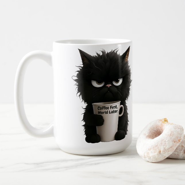 Grumpy Cat Coffee Mood T-Shirt Funny Black Fluffy  Coffee Mug (With Donut)