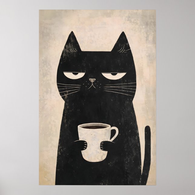 Grumpy Cat Coffee Poster, Minimalist Black Art Poster (Front)