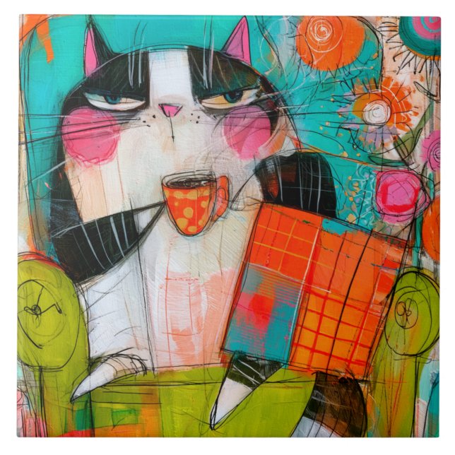 Grumpy Cat Drinking Coffee In Armchair Ceramic Tile (Front)