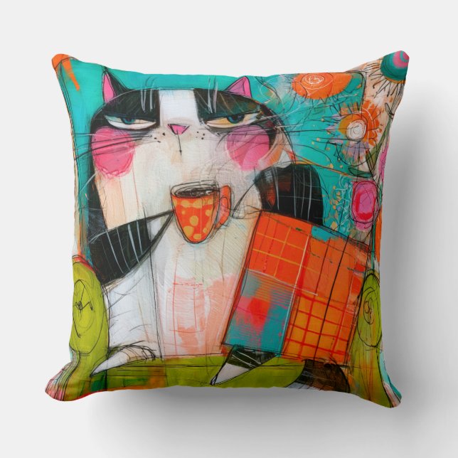 Grumpy Cat Drinking Coffee In Armchair Cushion (Front)