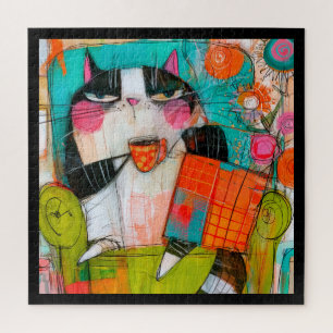 Grumpy Cat Drinking Coffee In Armchair Jigsaw Puzzle