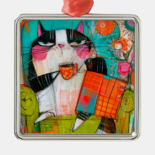 Grumpy Cat Drinking Coffee In Armchair Metal Ornament