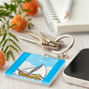 Grumpy Cat on a Sailboat Funny Nautical Cartoon Key Ring
