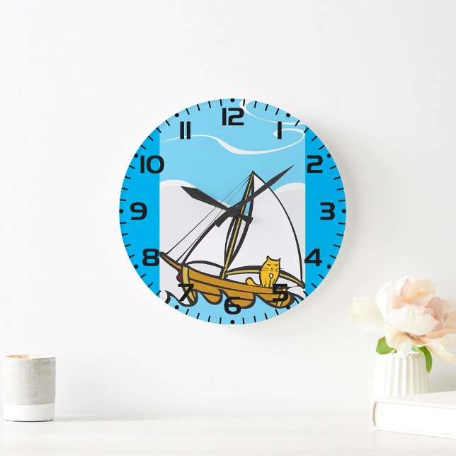 Grumpy Cat on a Sailboat Funny Nautical Cartoon  Large Clock (Creator Uploaded)