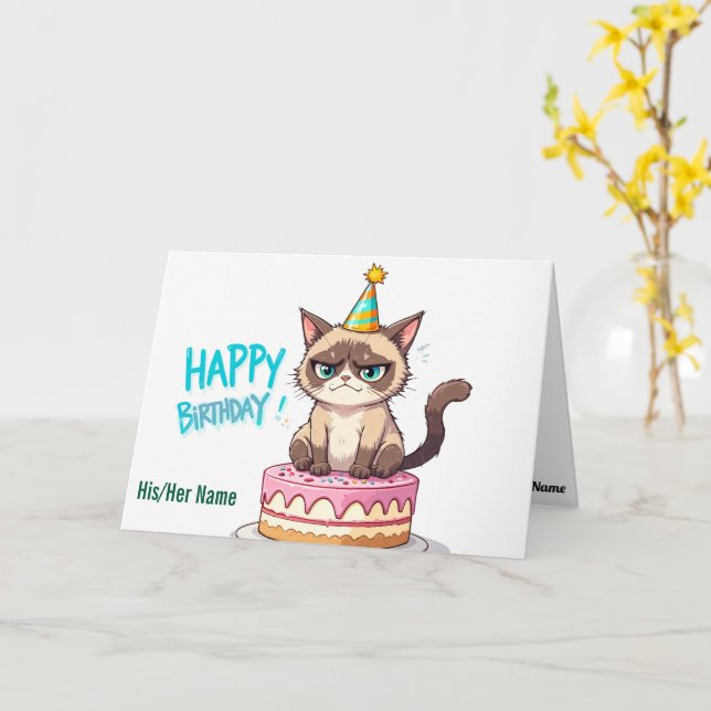 Grumpy Cat on Cake Card (Yellow Flower)