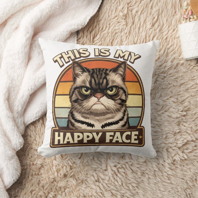 Grumpy Cat "This Is My Happy Face" Funny Retro  Cushion (Blanket)