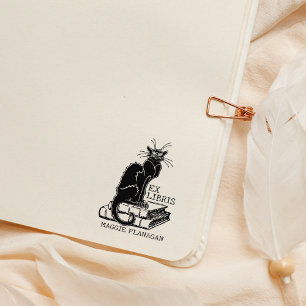 Grumpy Cat with books, Custom Ex Libris Library Rubber Stamp