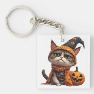 Grumpy Cat With Jack O Lantern Companion 🎃 Key Ring