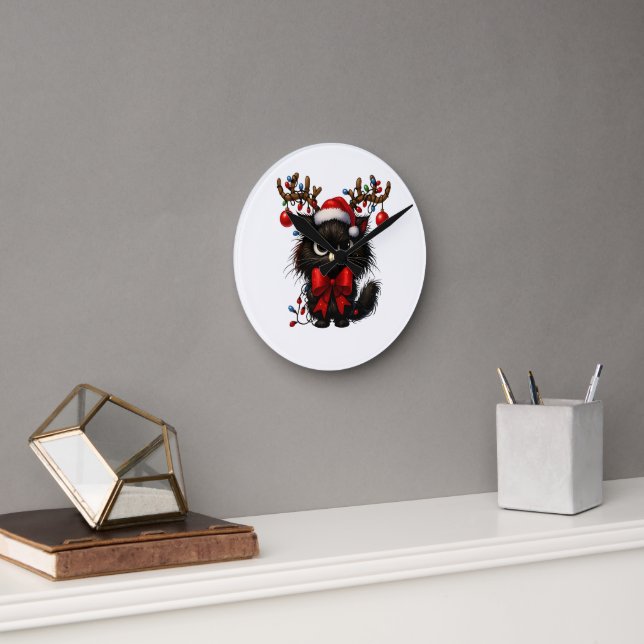Grumpy Christmas Cat with Santa Hat and Antlers Round Clock (Office)