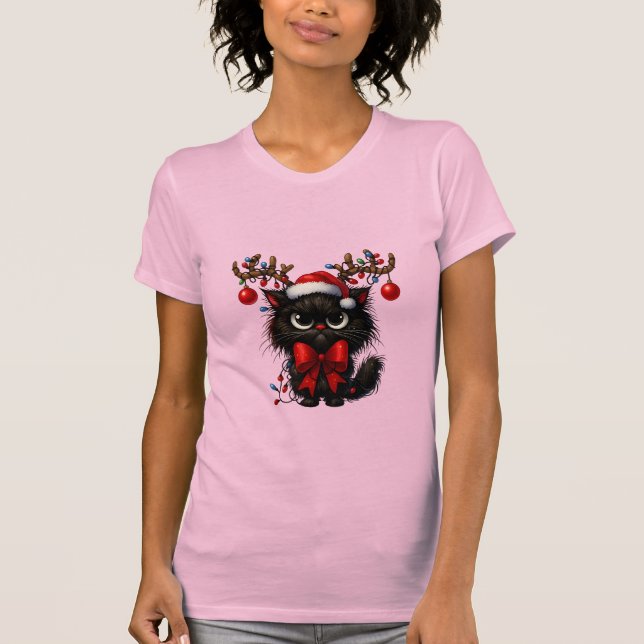 Grumpy Christmas Cat with Santa Hat and Antlers T-Shirt (Front)