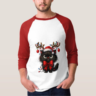 Grumpy Christmas Cat with Santa Hat and Antlers T-Shirt