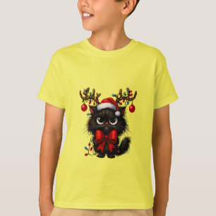 Grumpy Christmas Cat with Santa Hat and Antlers T-Shirt