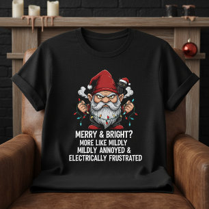 Grumpy Christmas Gnome Tangled Lights Black Cat T-Shirt