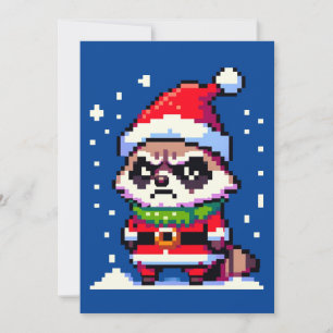 Grumpy Christmas Raccoon - Funny Pixel Art Holiday Card