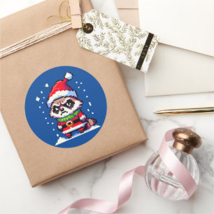 Grumpy Christmas Raccoon - Funny Pixel Art Holiday Classic Round Sticker