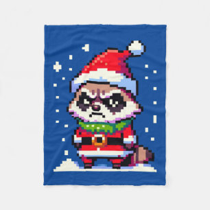 Grumpy Christmas Raccoon - Funny Pixel Art Holiday Fleece Blanket