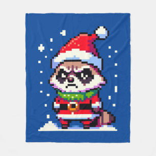 Grumpy Christmas Raccoon - Funny Pixel Art Holiday Fleece Blanket